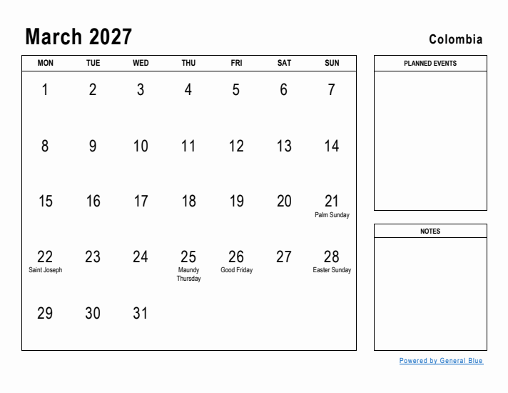 March 2027 Printable Monthly Calendar with Colombia Holidays