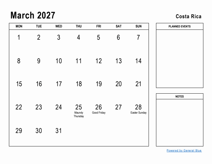 March 2027 Printable Monthly Calendar with Costa Rica Holidays