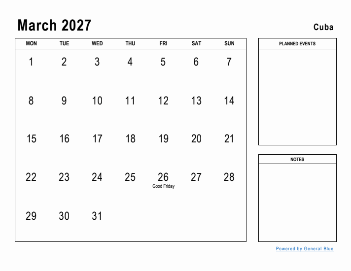 March 2027 Printable Monthly Calendar with Cuba Holidays