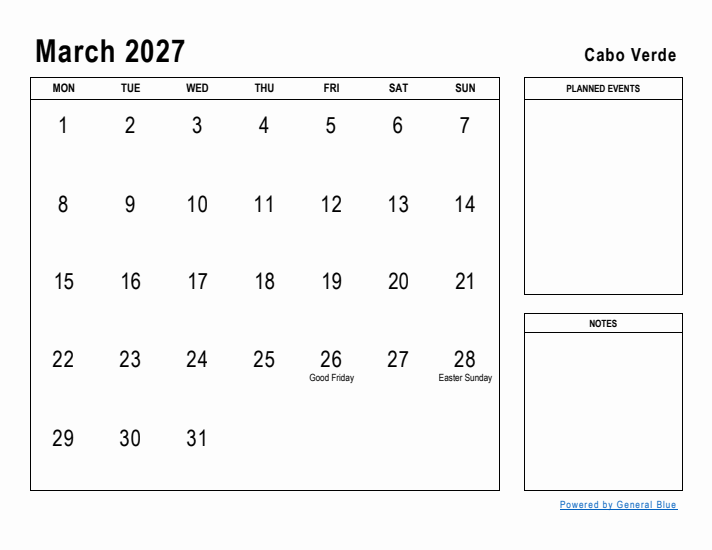 March 2027 Printable Monthly Calendar with Cabo Verde Holidays