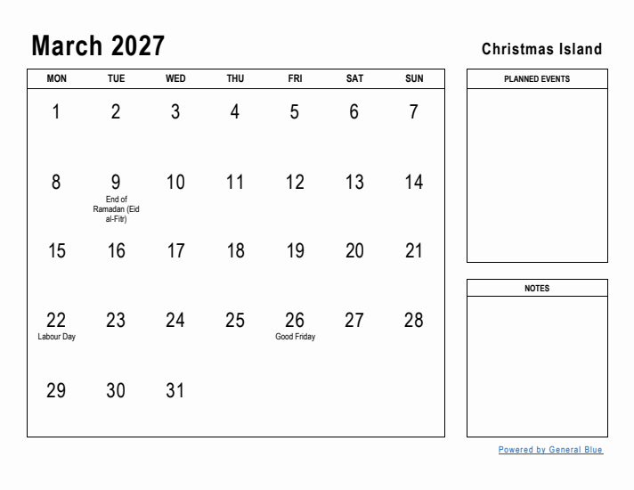 March 2027 Printable Monthly Calendar with Christmas Island Holidays