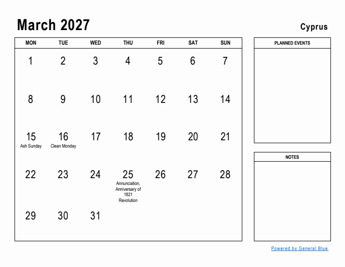 March 2027 Printable Monthly Calendar with Cyprus Holidays