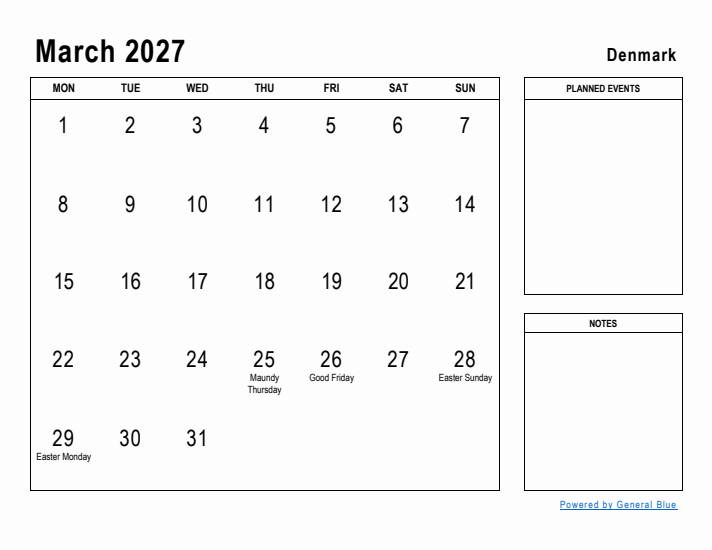 March 2027 Printable Monthly Calendar with Denmark Holidays