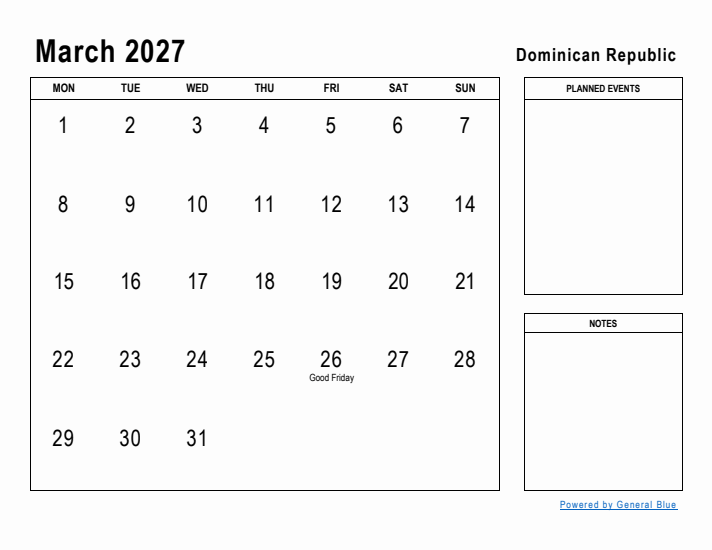 March 2027 Printable Monthly Calendar with Dominican Republic Holidays