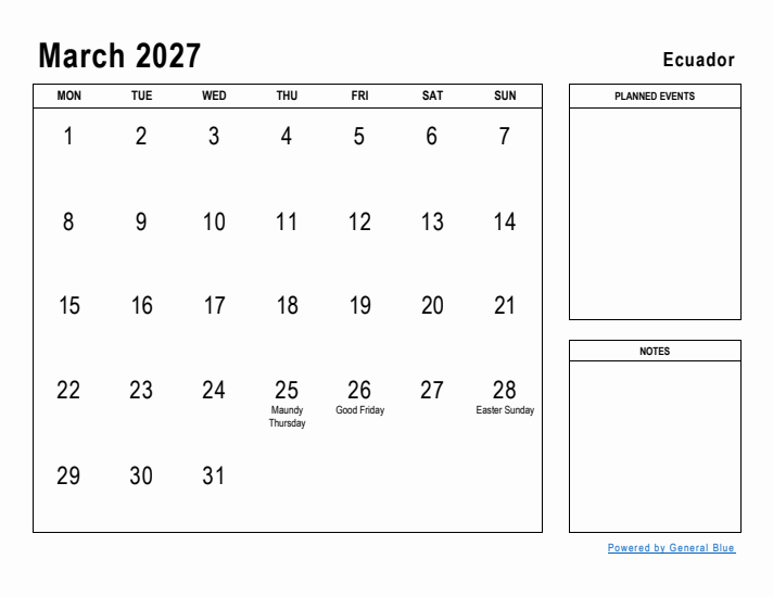 March 2027 Printable Monthly Calendar with Ecuador Holidays