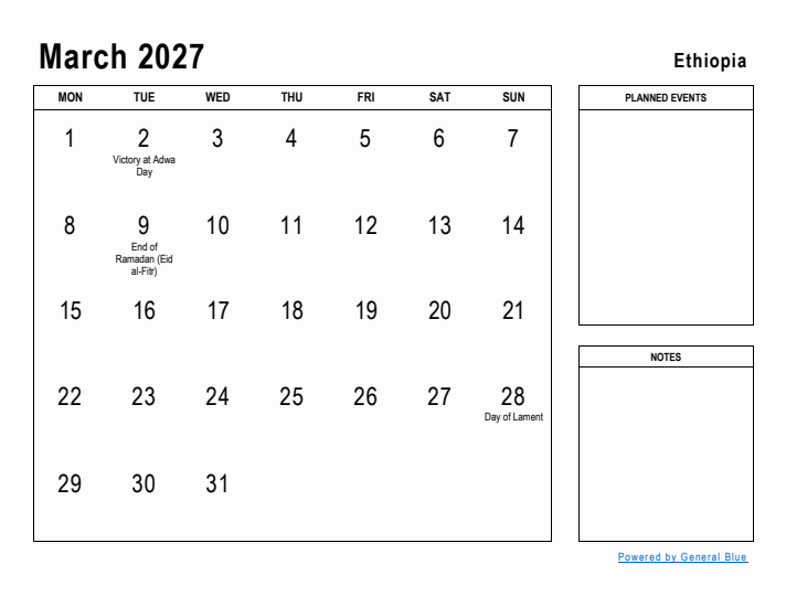 March 2027 Printable Monthly Calendar with Ethiopia Holidays