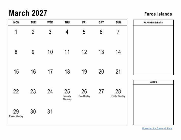 March 2027 Printable Monthly Calendar with Faroe Islands Holidays