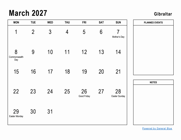 March 2027 Printable Monthly Calendar with Gibraltar Holidays