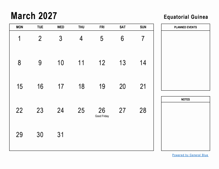 March 2027 Printable Monthly Calendar with Equatorial Guinea Holidays