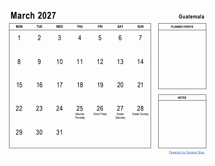 March 2027 Printable Monthly Calendar with Guatemala Holidays