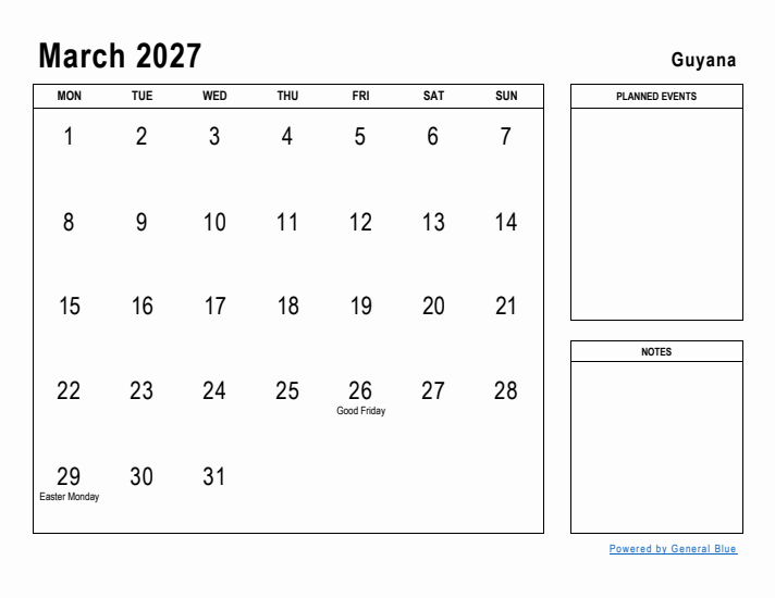 March 2027 Printable Monthly Calendar with Guyana Holidays