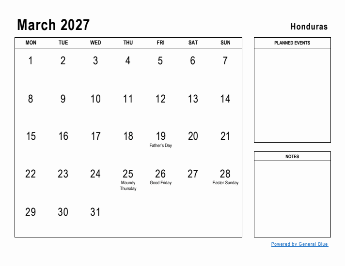 March 2027 Printable Monthly Calendar with Honduras Holidays