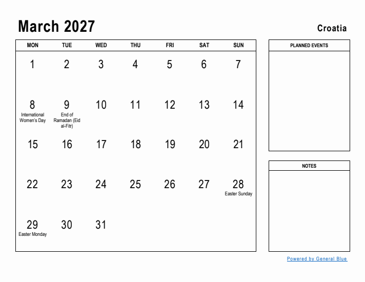 March 2027 Printable Monthly Calendar with Croatia Holidays