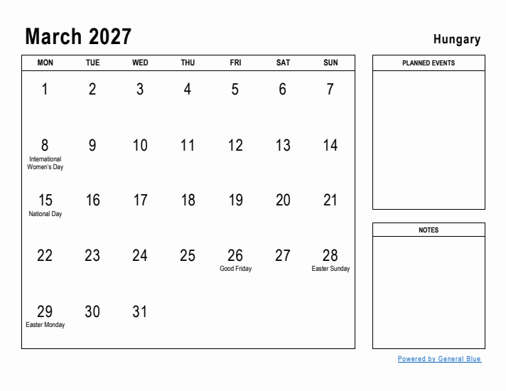 March 2027 Printable Monthly Calendar with Hungary Holidays