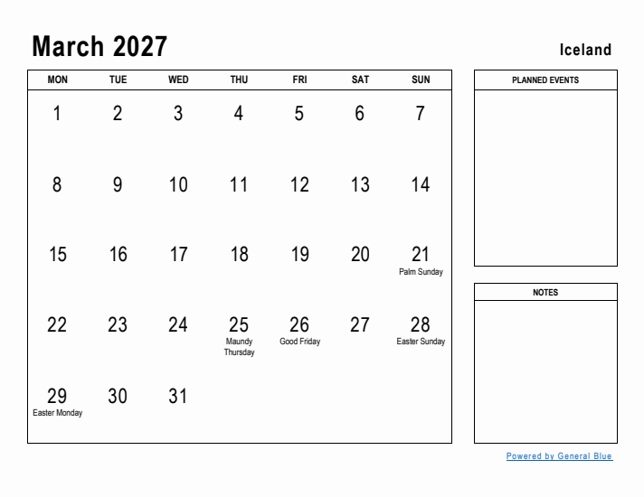 March 2027 Printable Monthly Calendar with Iceland Holidays