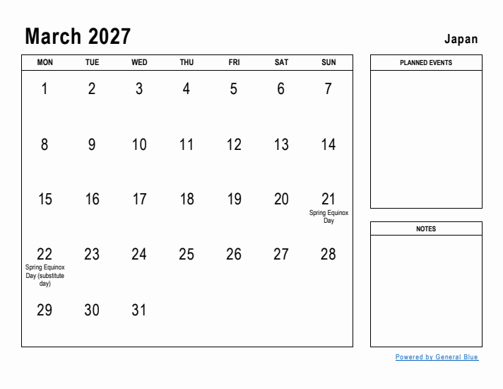 March 2027 Printable Monthly Calendar with Japan Holidays