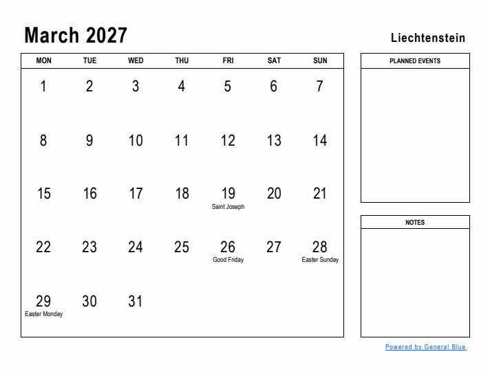 March 2027 Printable Monthly Calendar with Liechtenstein Holidays