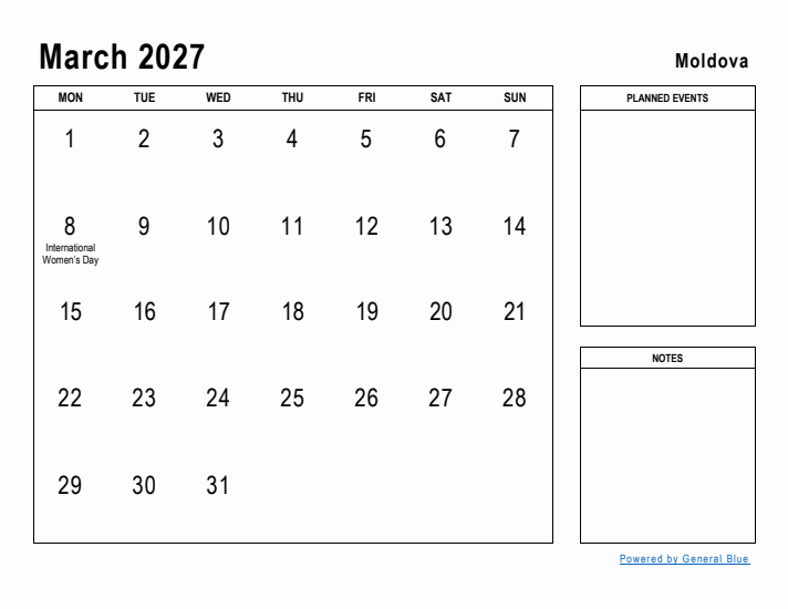 March 2027 Printable Monthly Calendar with Moldova Holidays