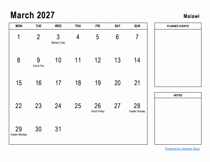 March 2027 Printable Monthly Calendar with Malawi Holidays