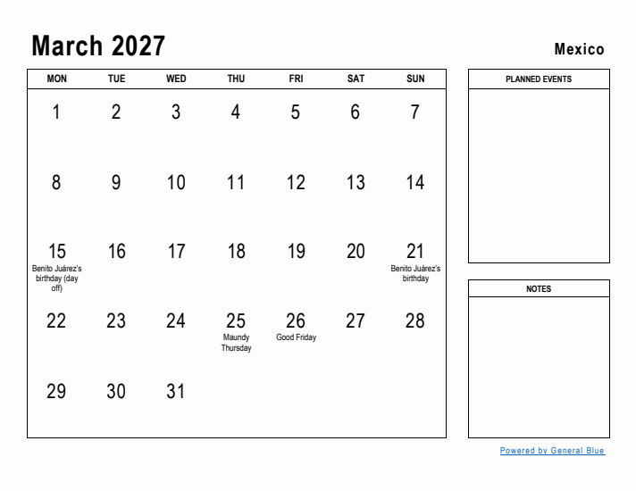 March 2027 Printable Monthly Calendar with Mexico Holidays