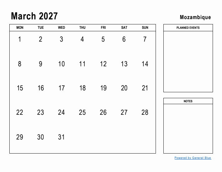 March 2027 Printable Monthly Calendar with Mozambique Holidays