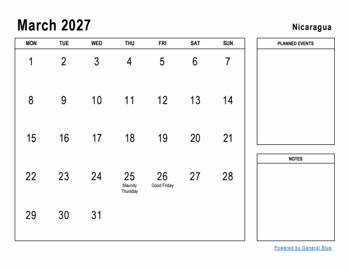 March 2027 Printable Monthly Calendar with Nicaragua Holidays