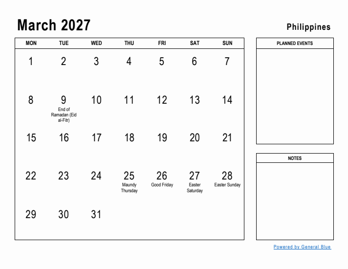 March 2027 Printable Monthly Calendar with Philippines Holidays