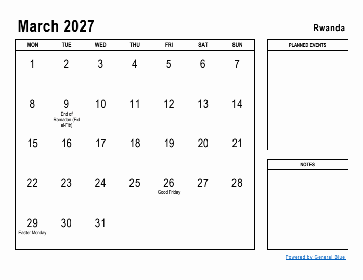 March 2027 Printable Monthly Calendar with Rwanda Holidays