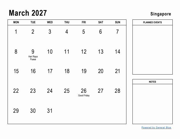 March 2027 Printable Monthly Calendar with Singapore Holidays