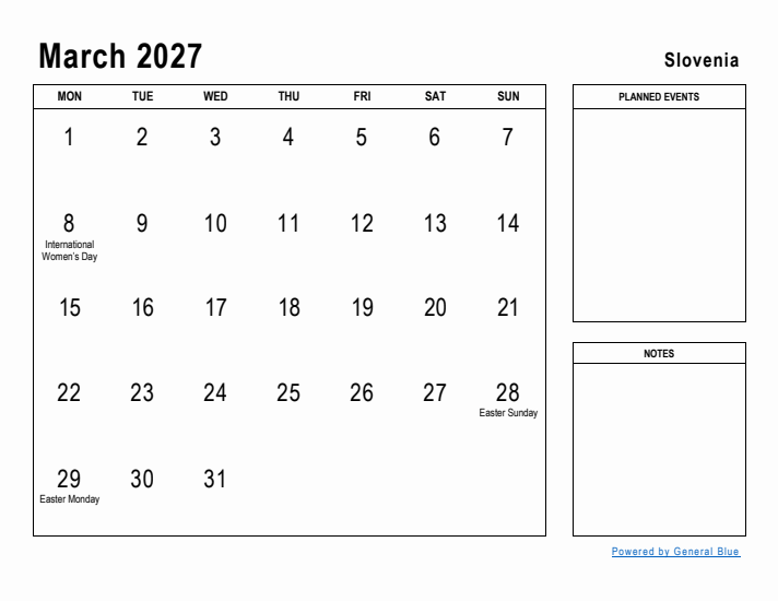 March 2027 Printable Monthly Calendar with Slovenia Holidays