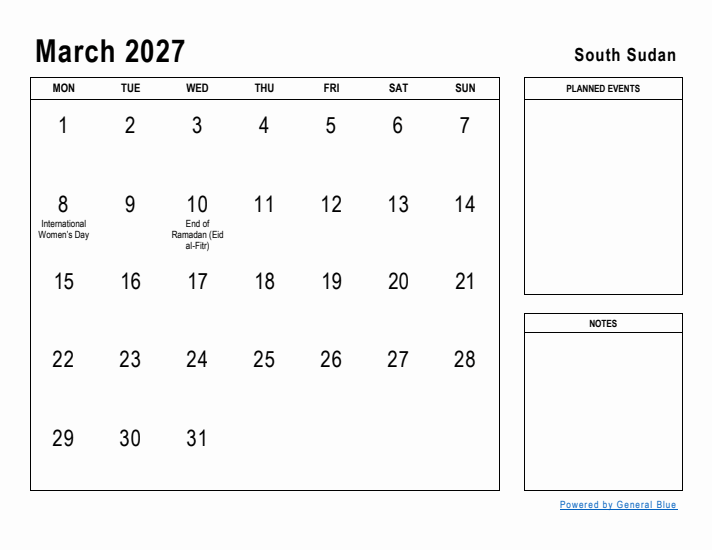 March 2027 Printable Monthly Calendar with South Sudan Holidays