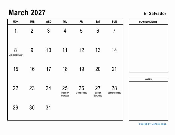 March 2027 Printable Monthly Calendar with El Salvador Holidays