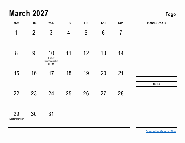 March 2027 Printable Monthly Calendar with Togo Holidays