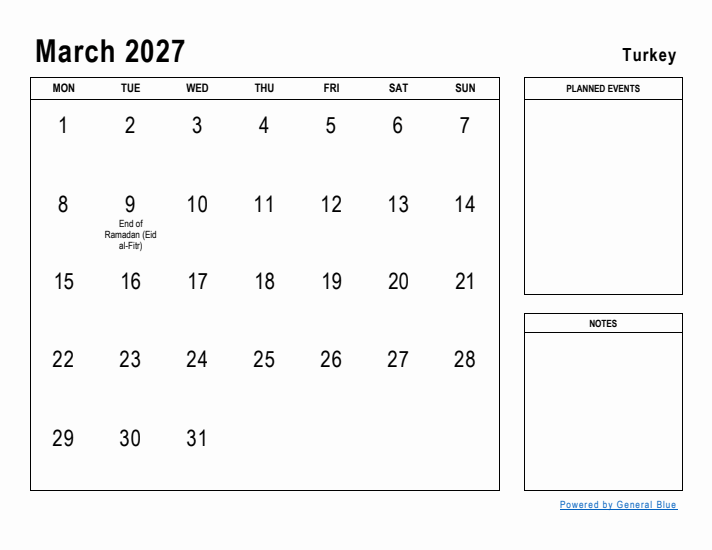 March 2027 Printable Monthly Calendar with Turkey Holidays