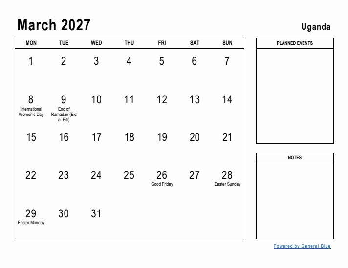 March 2027 Printable Monthly Calendar with Uganda Holidays