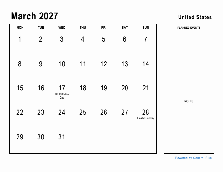 March 2027 Printable Monthly Calendar with United States Holidays