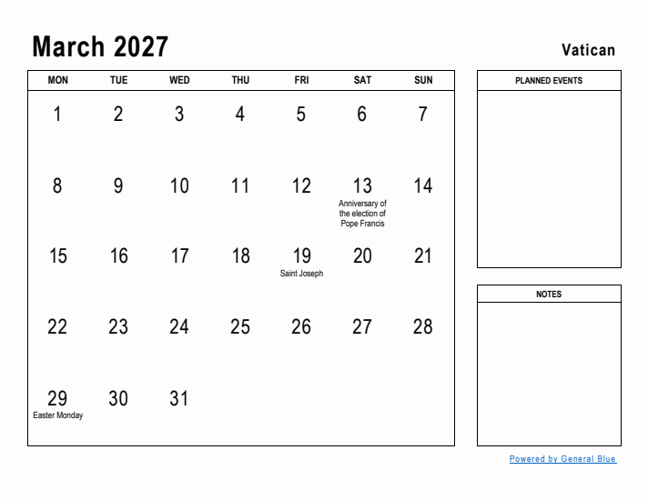 March 2027 Printable Monthly Calendar with Vatican Holidays