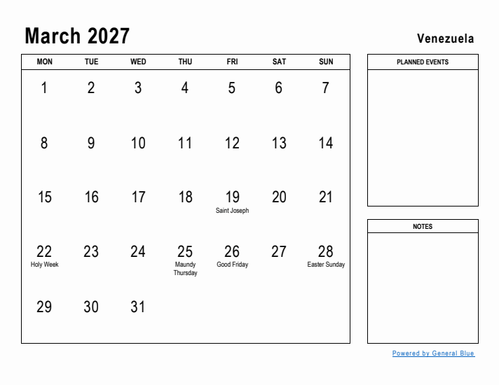 March 2027 Printable Monthly Calendar with Venezuela Holidays