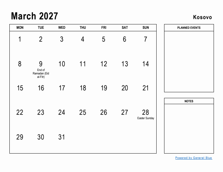 March 2027 Printable Monthly Calendar with Kosovo Holidays