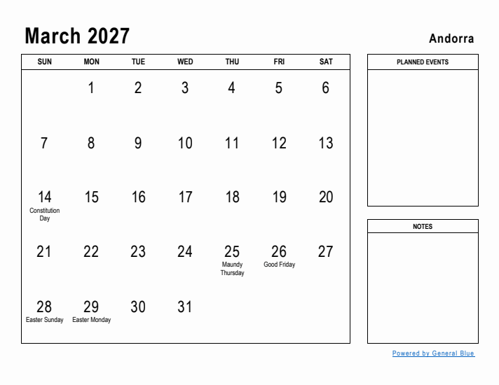 March 2027 Printable Monthly Calendar with Andorra Holidays