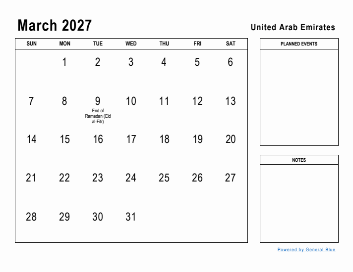 March 2027 Printable Monthly Calendar with United Arab Emirates Holidays