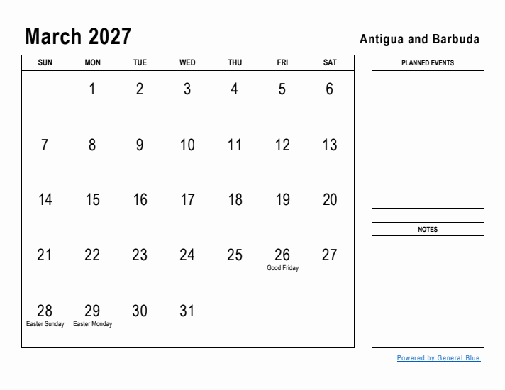 March 2027 Printable Monthly Calendar with Antigua and Barbuda Holidays