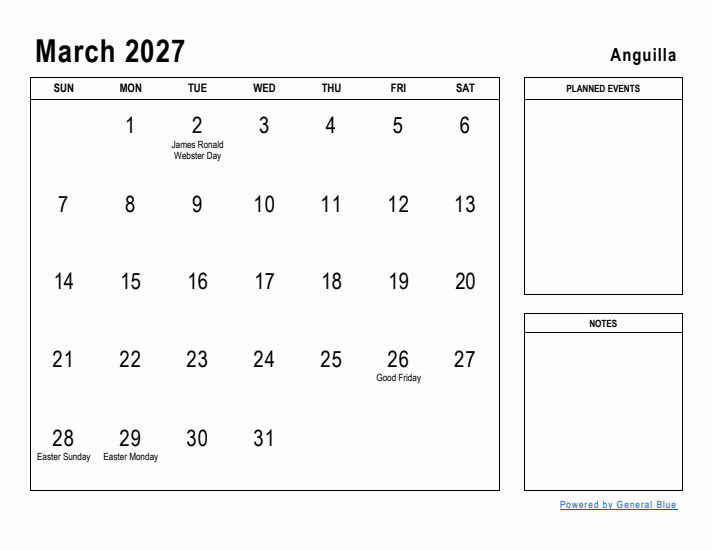 March 2027 Printable Monthly Calendar with Anguilla Holidays