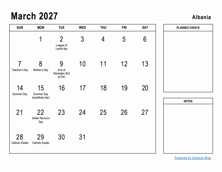 March 2027 Printable Monthly Calendar with Albania Holidays