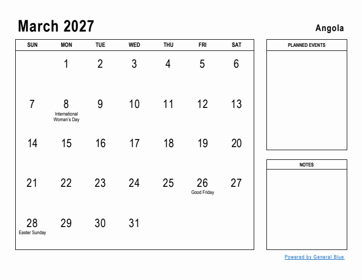 March 2027 Printable Monthly Calendar with Angola Holidays