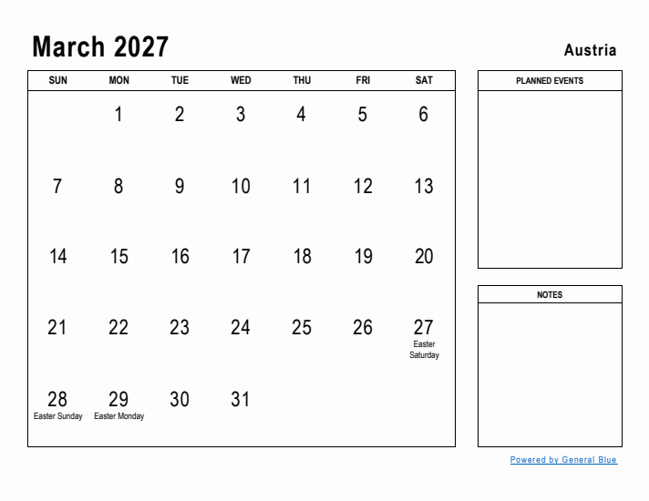 March 2027 Printable Monthly Calendar with Austria Holidays