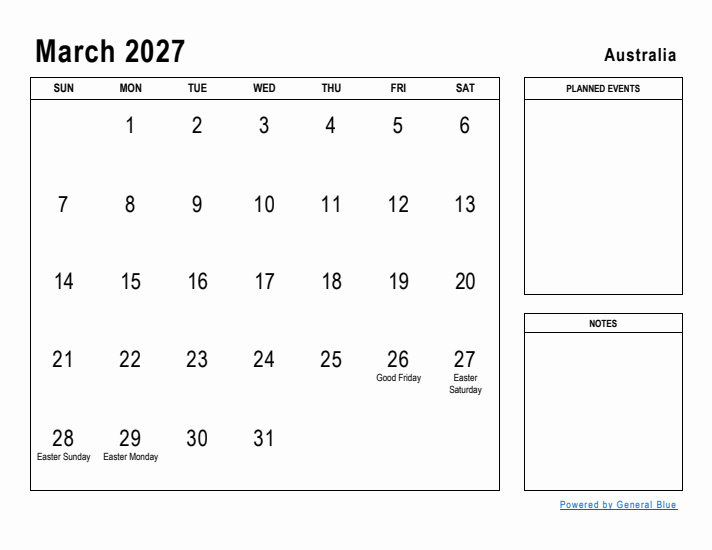 March 2027 Printable Monthly Calendar with Australia Holidays