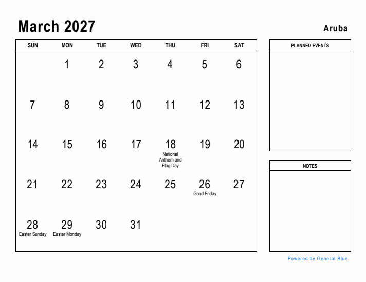 March 2027 Printable Monthly Calendar with Aruba Holidays