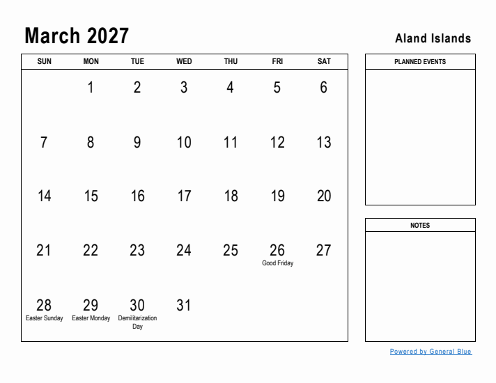 March 2027 Printable Monthly Calendar with Aland Islands Holidays