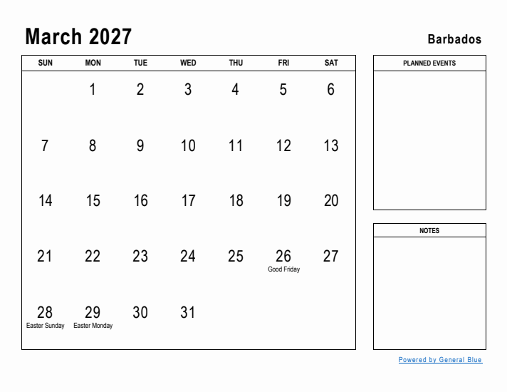 March 2027 Printable Monthly Calendar with Barbados Holidays